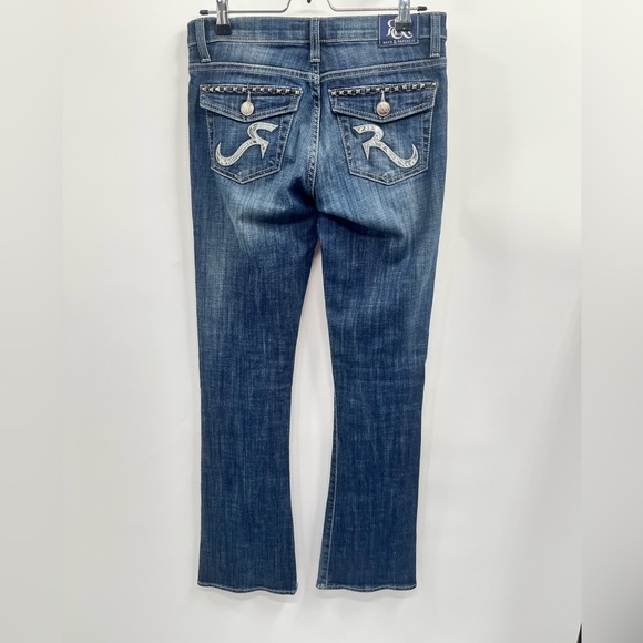 Y2k ROCK & REPUBLIC Flare Blue Jeans Rhinestone Studded Metal Punk Flap Womens 4 - Picture 2 of 14